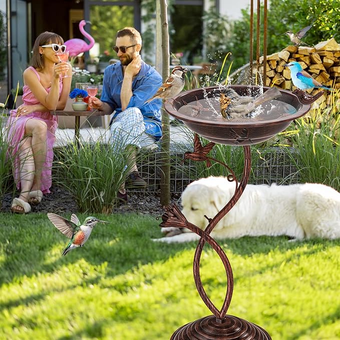 Bird Bath Garden for Outside, Vintage Metal Birdbaths Bowl with Roman Pedestal for Outdoors, Standing Bird Bath Bowl Birdfeeder for Yard Lawn Decor (Vintage Copper - Hummingbird)
