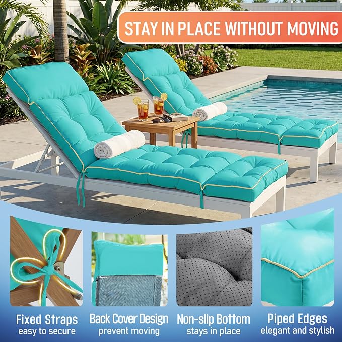 MAGIC ELEPHANT Chaise Lounge Cushion Outdoor, Memory Foam Patio Lounge Chair Cushion with Ties for Indoor Outdoor Furniture, Water-Repellent Replacement Long Chair Cushion (Teal)