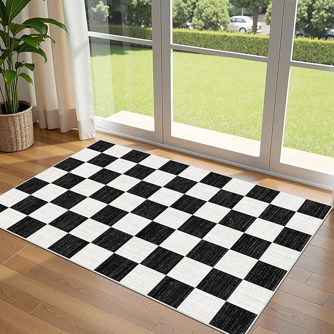 Black and White Checkered Entry Rug - 3x5 Ft Non-Slip Washable Indoor Outdoor Front Door Mat Porch Rug Geometric Throw Carpet for Living Room Bedroom Entryway Kitchen Office Porch Decor