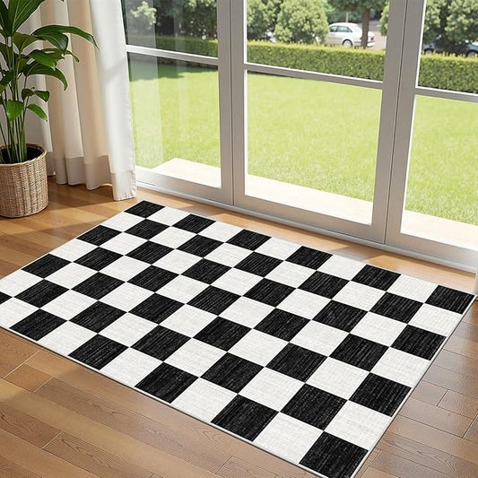 Black and White Checkered Entry Rug - 3x5 Ft Non-Slip Washable Indoor Outdoor Front Door Mat Porch Rug Geometric Throw Carpet for Living Room Bedroom Entryway Kitchen Office Porch Decor