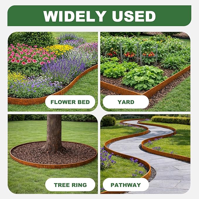 Metal Landscape Edging Border 10 Packs 42'' L x 4.5'' H, Pre-Rusted Steel Garden Edging Border with 10 Stakes, Hammer-in Lawn Edging for Landscaping, Flower Bed, Yard, Pathway, Tree Ring (35ft Total)