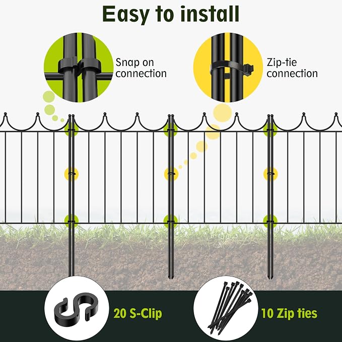 Decorative Garden Fence, 24in(H)×10.4ft(L), 10 Pack | No Dig Animal Barrier, For Dog & Rabbits, Flower Bed Border, Yard & Patio Landscaping