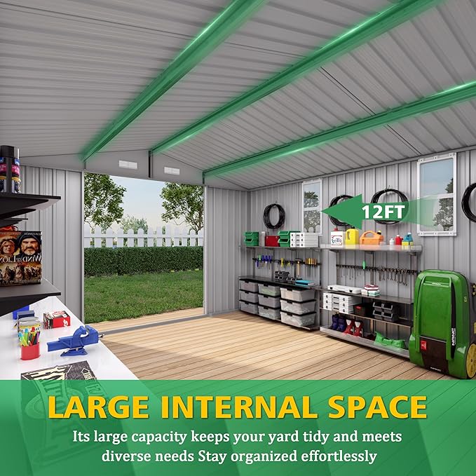 KEIKI 10x12 FT Outdoor Metal Storage Shed with Vent,2 Window and 2 Swing Door,Sloped Roof for Patio Backyard Bicycles