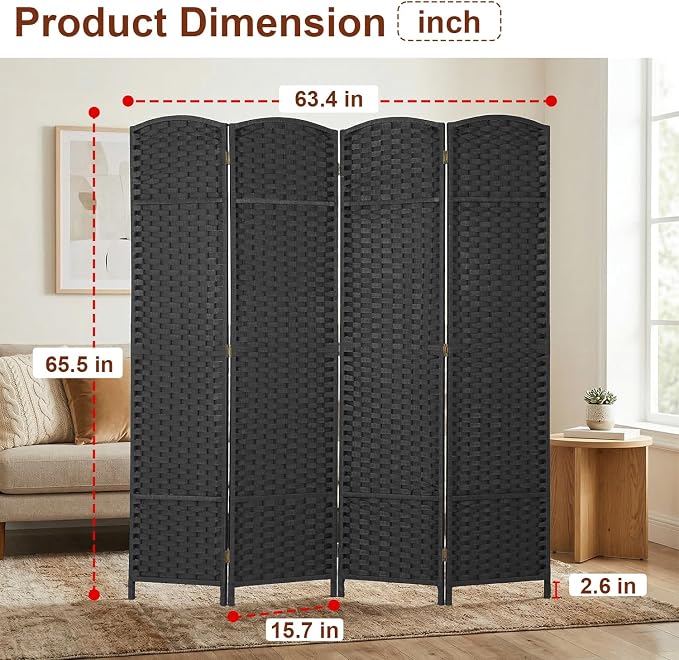 FDW Room Divider 4 Panel Screen 5.6 Ft Tall Partition Privacy Screens Folding Room Separation Free Standing Waterproof Wood Frame Wall Divider, Coal Black