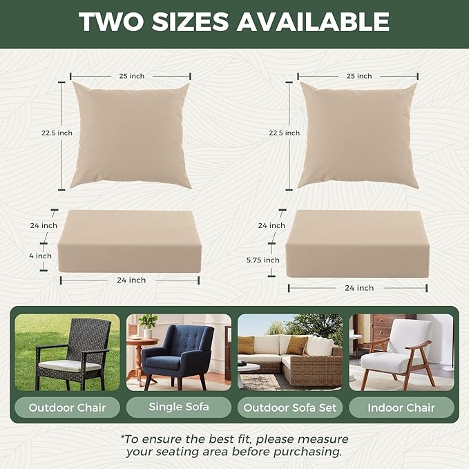 Outdoor Cushions for Patio Furniture, Outdoor Seat Cushion Set 24 x 24 x 4 Inch, Waterproof & Fade Resistant Outdoor Chair Cushions, Deep Seat Patio Cushion with Removable Cover, Beige