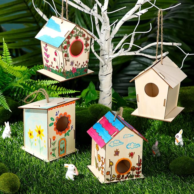 DoubleFill 48 Pcs Bulk Wooden Bird Houses Kits for Kids Mini Bird House for Craft DIY Unfinished Wood Birdhouse to Paint, Build for Children Wooden Arts Classroom Activity, 3 Styles