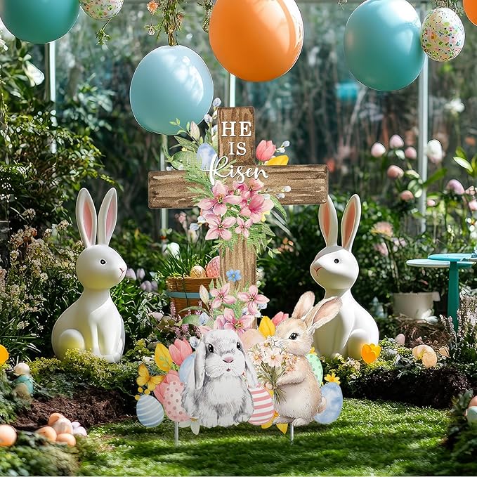 Weysat Easter Metal Yard Signs He Is Risen Cross Metal Decoration Outdoor 23.6 Inch Easter Rabbit Welcome Porch Sign Christian Yard Decorations with Stakes Waterproof for Home Garden Patio Lawn Party
