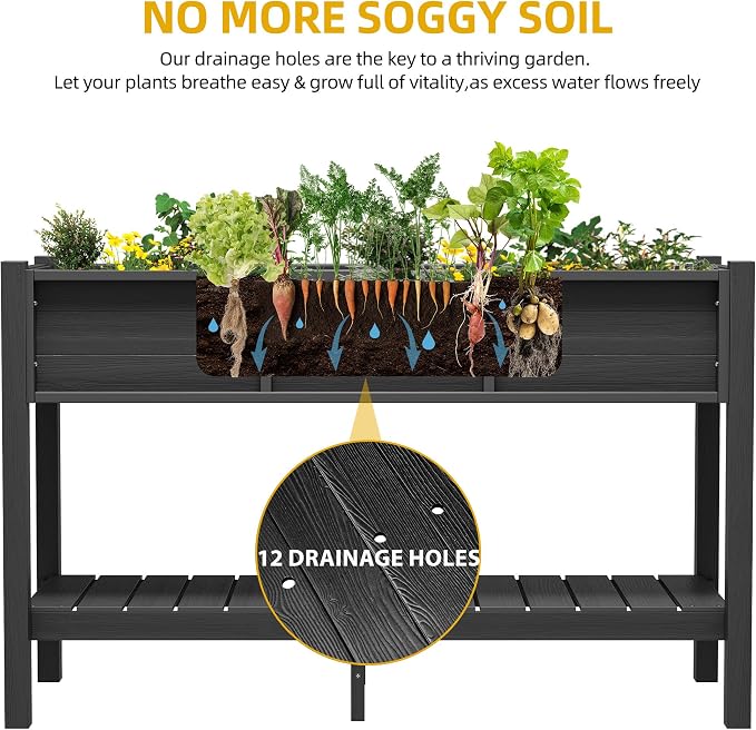 DWVO Raised Planter Box with Legs 48x18x30in Raised Garden Bed HDPE Poly Wood Weather-Resistant Elevated Garden Bed with Storage Shelf, Planter Boxes Outdoor for Patio Balcony Backyard, Black