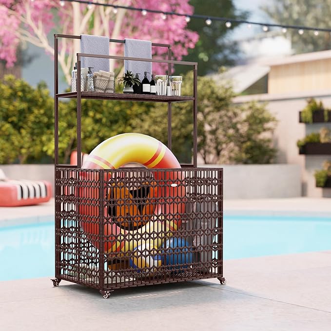 Outsunny Wicker Pool Float Storage Organizer, PE Rattan Pool Float Holder with Basket Shelf Towel Bars, Rolling Pool Caddy for Floaties, Noodles, Life Vests, Beach Balls, Mixed-Brown