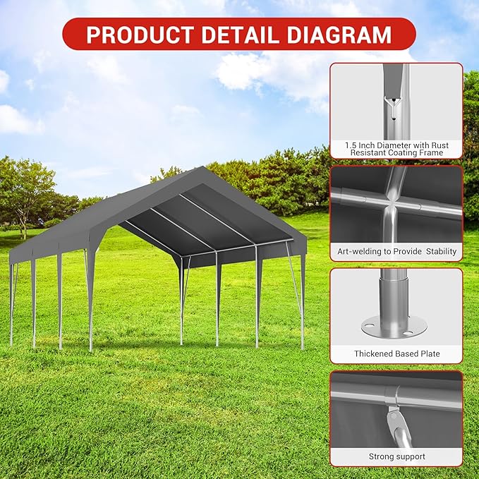 Garvee 10 x 20FT Heavy Duty Carport, Portable Garage Shelter, Potable Car Canopy Waterproof & UV Protected Garage Party Tent Outdoor Vehicle Storage Shelter for Car Truck Boats, Gray