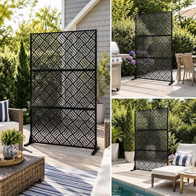 Metal Privacy Screen with Stand, 72" H x 47" W Outdoor Freestanding Privacy Panels, Durable Steel for Patio Garden Balcony or Backyard