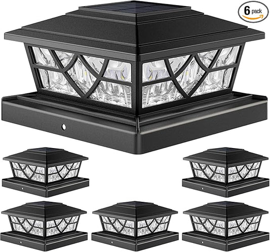 APONUO Solar Post Cap Lights 6 Pack for 4x4 5x5 6x6 Wood Vinyl Fences - IP64 Waterproof, Auto On/Off, Solar Powered Post Lights, Warm Cool White, Deck Patio Yard Decor, Black