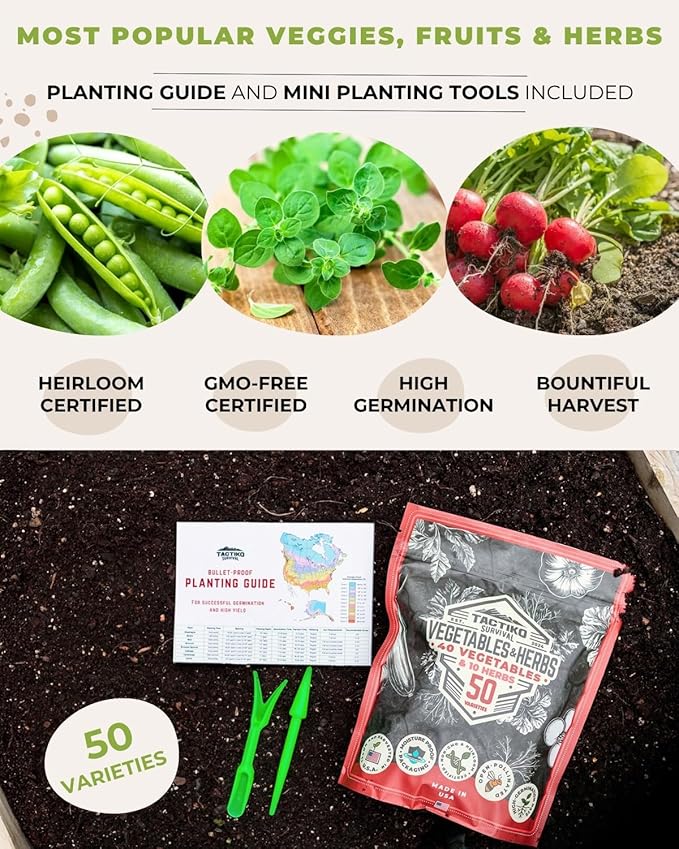 50 Tactiko Survival Vegetable, Herb & Fruit Seed Kit - U.S.A. Harvested Varieties - 37,000+ Non-GMO Heirloom Seeds - Emergency Seed Vault in Waterproof Mylar Bag - Long-Term Storage