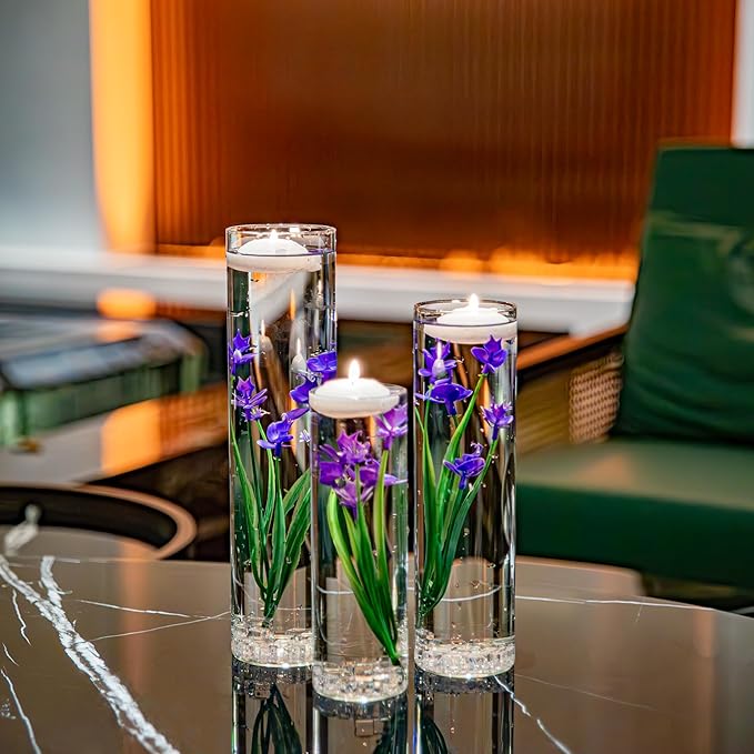 Floating Flower for Table Centerpiece Artificial Purple Orchid Glass Cylinder Vase Set with Floating Candles Fake Ice Cubes for Wedding Party Home Bar Restaurant Festival Decoration