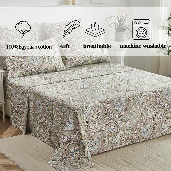 FADFAY Paisley Sheets Set Cal King Vintage Floral Bedding 100% Egyptian Cotton Soft Bed Sheets Luxury 17.7“ Deep Pocket Fitted Sheet Shabby Beige Boho Style for All Season, California King Size