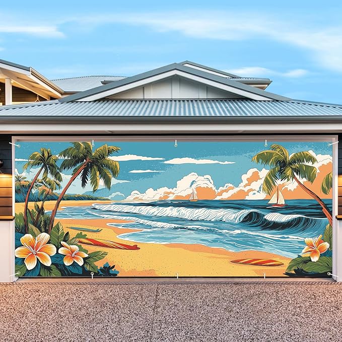 7 * 16FT Summer Palm trees Garage Door Cover Decorations Sunset Palm Trees Garage Door Banner for Outdoor Indoor Summer Party Photography Backdrop