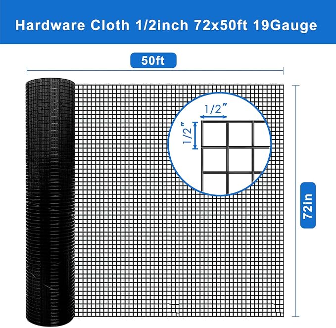 Black Hardware Cloth 1/2 inch 72" x 50' 19 Gauge - Durable Welded Wire Mesh Roll for Chicken Wire Fencing, Garden Fence,& Rodent Protection