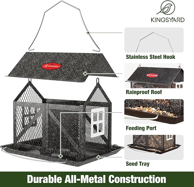 Kingsyard Metal Bird Feeder for Outdoors Hanging, 2-in-1 Wild Bird Feeder with Seed Tray & Built-in Perch, 5 lb Large Capacity for Cardinal Chickadee Finch, Black