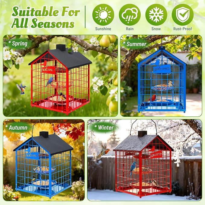 Bird Feeders for Outdoors, Metal Bluebirds Bird Feeder, Huge Caged Squirrel-Proof Bird Feeders with 4 Cups, DIY Wild Bird Feeders Outdoor Hanging, Attract Small Birds, 3 Layer Seed Tray (Blue)