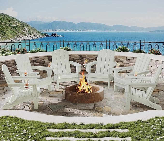 GarveeLife Folding Adirondack Chair Set of 6, All-Weather HDPE Outdoor Chair, Wooden Textured with Cup Holder for patios, Decks, Gardens, fire pits, White