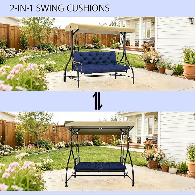 5 Inch Thick Waterproof Patio Porch Swing Cushions, 60x40 Inch 3 Seater Replacement Cushion with Backrest & 8 Ties, Fade-Resistant Outdoor Bench Swing Pad, Navy Blue