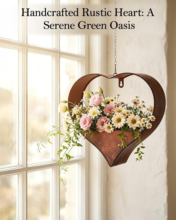 Metal Plant Hangers Indoor and Outdoor:Birthday Gifts for Mom Women Her Wife Garden Lovers - Heart Shape Hanging Planters for Window Wall Living Room Office Decor(Rustic)