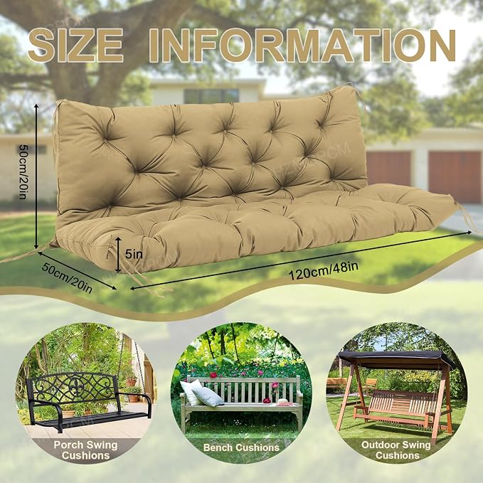 Premium 5" Thick Waterproof Outdoor Swing Cushions Sturdy Durable 2-3 Seat Replacement Porch Swing Cushions with Backrest&Ties Bench Cushion for Outdoor Furniture Backyard Patio(Khaki 48x40)