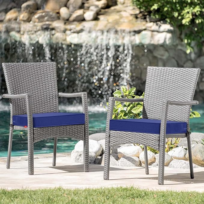 Patio Chair Cushions 24x24 Inch, Water Repellent Outdoor Seat Cushions with Adjustable Straps, Fade Resistant Replacement Cushions for Garden Deck Sofa Couch, Set of 2, Deep Blue