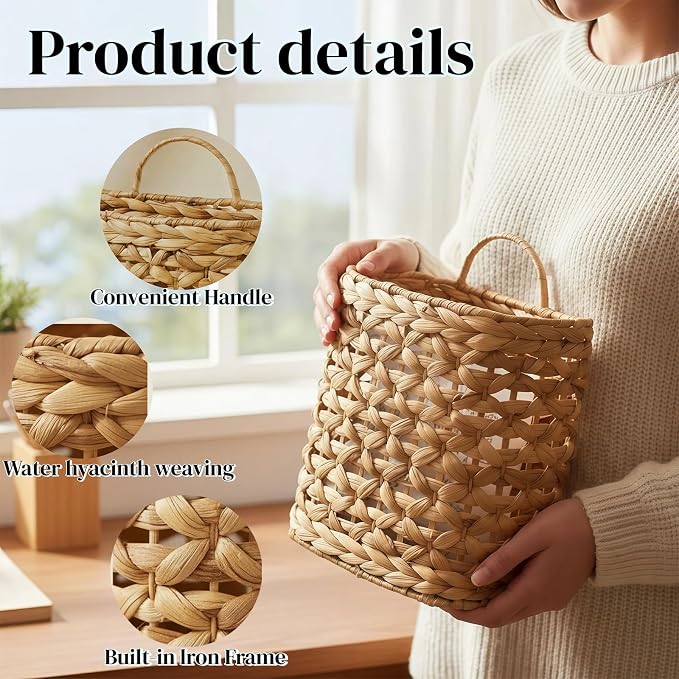Set of 2 Wicker Wall Hanging Basket, Natural Water Hyacinth Hanging Wicker Decorative Basket, Handmade Woven Storage Organizer for Front Door Mail Flowers Garden House Wedding Wall Decorations