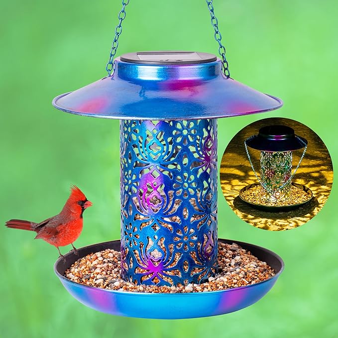 Ottsuls 2 Pack 60 inch Adjustable Shepherd Hooks and 2 Pack Solar Bird Feeder for Outdoors Hanging (Blue)