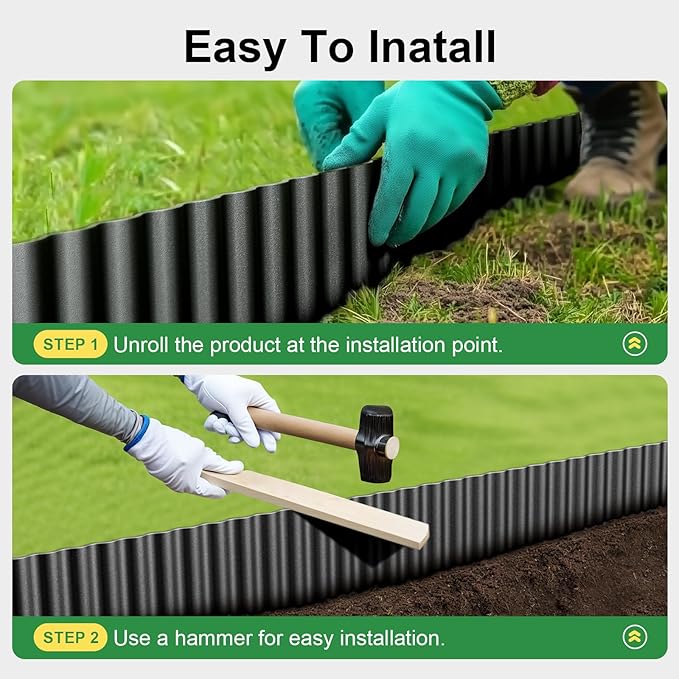 Land Guard Corrugated Garden Edging Border, 12"×100' Landscape Paver Edging, Tall Landscape Edging, Fence for Garden, Flower Bed, Lawn and Landscape Edging (Glossy Black)