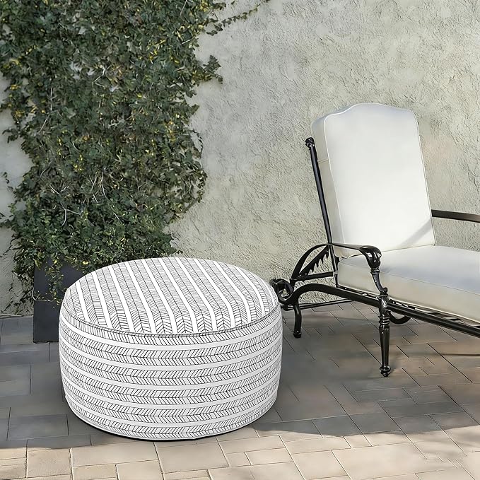 LVTXIII Indoor/Outdoor Large Inflatable Ottoman Pouf D31 x H14 Inch, Round Footstool with Handle, Weather-Resistant Portable Furniture for Patio, Camping, Beach, Herringbone Black White