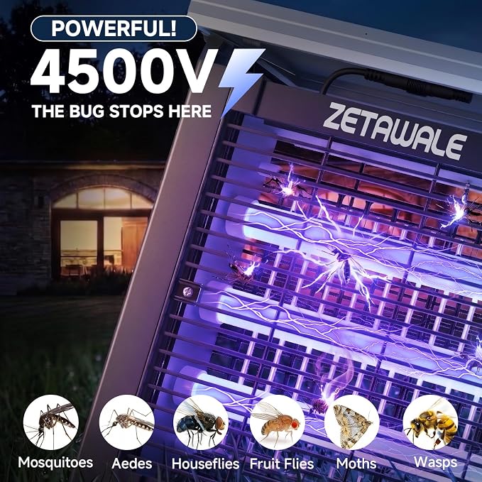Solar Powered Bug Zapper Outdoor, 4500V Mosquito Trap with 10W Solar Panel, Fly Trap & Mosquito Killer, Dusk-to-Dawn Auto, IPX5 Waterproof, 2100 Sq.Ft Coverage for Patio, Backyard, Garden