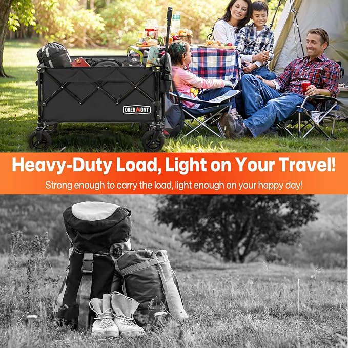 Overmont Ultra-Compact Collapsible Wagon Cart -200L Portable Folding Wagon with All-Terrain Wheels Utility for Beach, Grocery Shopping, Camping, and Gardening – 360lbs Load Capacity Black