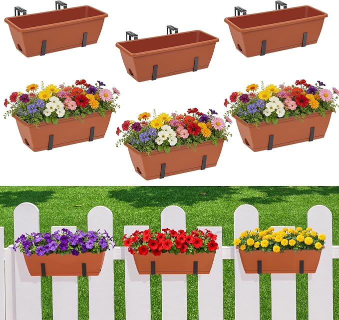 6 Pack Railing Planter Boxes Outdoor Window Boxes Planter with Drainage Holes, Plastic Garden Fence Planters with Metal Brackets for Deck, Balcony, Patio, Brick Red