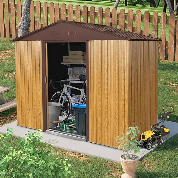 8x4 FT Outdoor Metal Storage Shed, Galvanized Steel Garden Shed with Window, Lockable Sliding Door, Sloped Roof, Ventilated Tool Storage House with Foundation Kit for Backyard Lawn Equipment, Coffee
