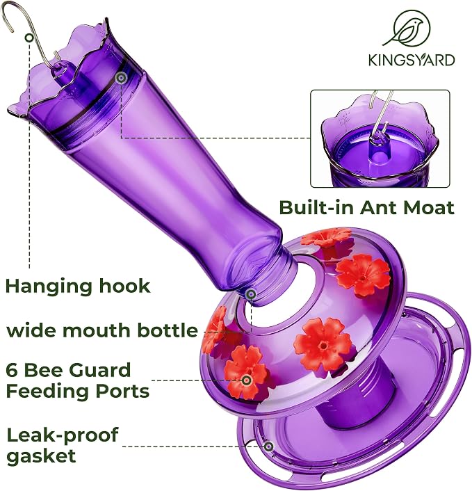 Kingsyard Glass Hummingbird Feeder for Outdoors Hanging + Kingsyard 2 Pack Tube Feeders with 6 Feeding Ports for Outdoors Hanging