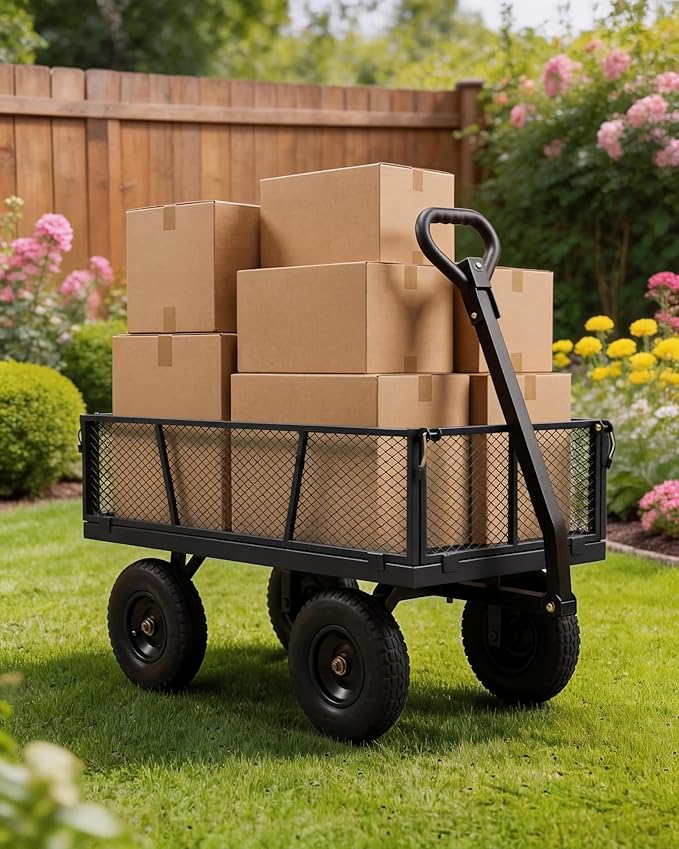 GarveeTech 1200LBS Heavy Duty Steel Garden Cart, Garden Wagon Cart on Wheels, Metal Yard Utility Wagon with Removable Mesh Sides, 13" All Terrain Tires, 180° Rotating Handle for Lawn, Garden, Farm