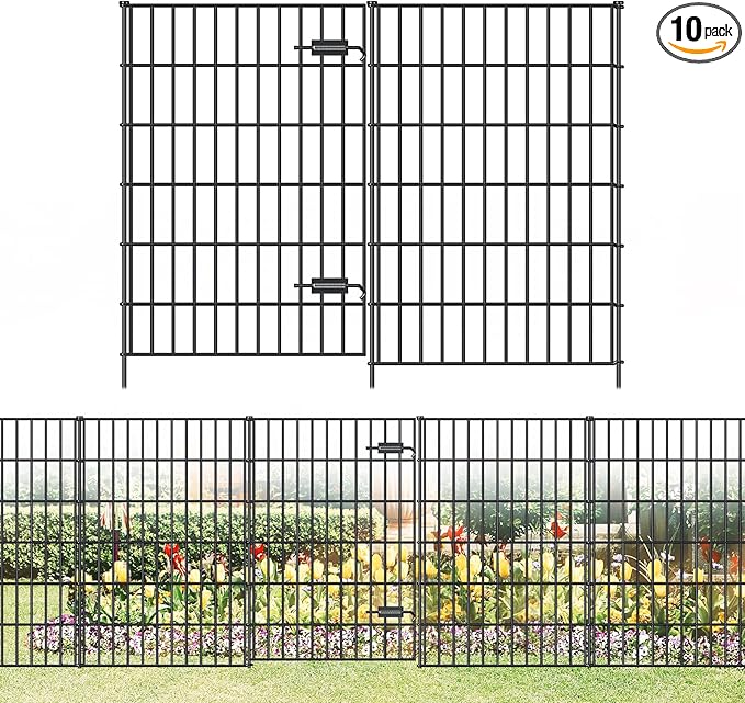 FOREHOGAR Metal Garden Fence with Gate 40in (H) x 23.3ft (L), 1 Gate + 9 Panels Dog Fence Border Fence Animal Barrier, No Dig Garden Fencing for Yard Flower Bed Lawn Patio Outdoor, PIN402810G Black