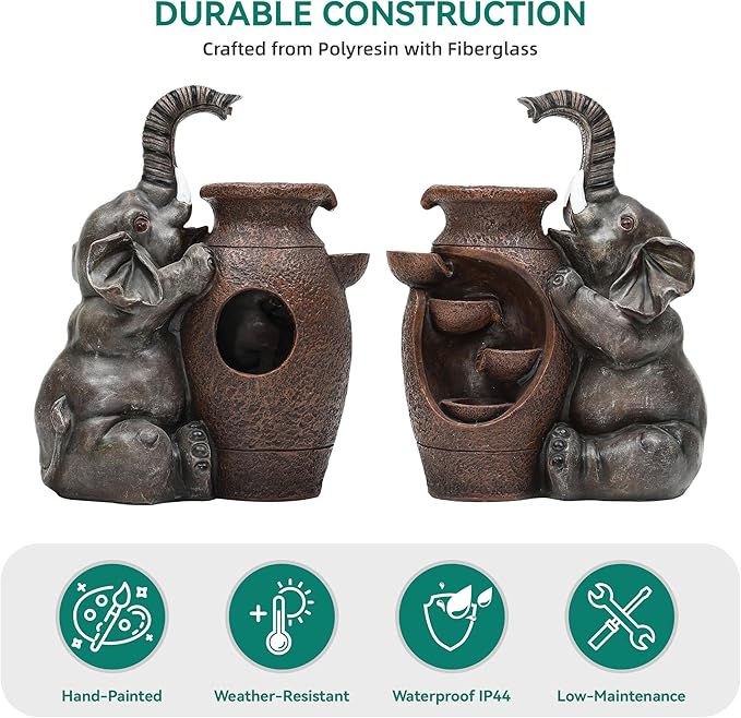 AUTODAYA 19" H Elephant Jar Outdoor Water Fountain, Rustic Farmhouse Water Feature with Tranquil Cascading Waterfall, Relaxing Garden Patio Yard Deck Kitchen Floor Tabletop Decor