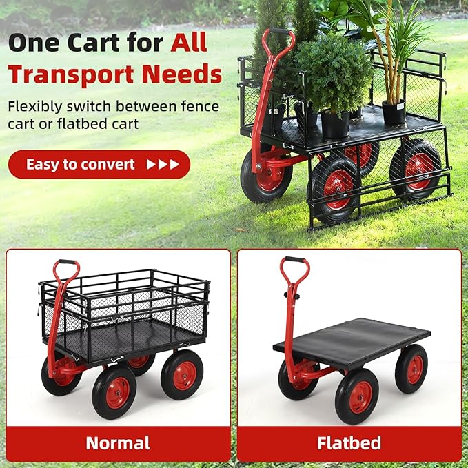 GarveeHome 1400Lbs Heavy Duty Steel Garden Cart, Garden Wagon Cart on Wheels, Metal Yard Utility Wagon with Removable Mesh Sides, 2-in-1 180° Rotating Handle and 16 Inch Wheels for Garden, Farm, Yard