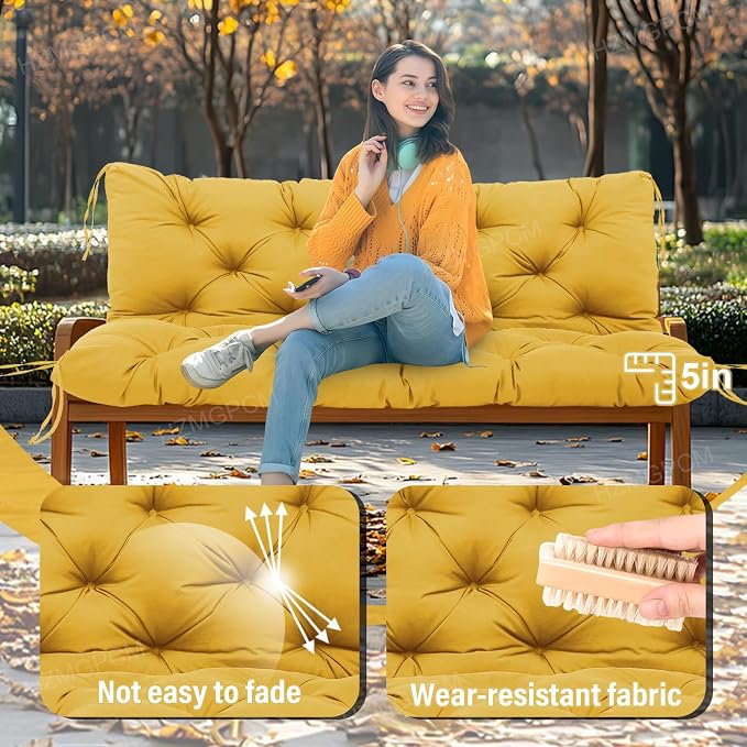 Premium 5" Thick Waterproof Outdoor Swing Cushions Sturdy Durable 2-3 Seat Replacement Porch Swing Cushions with Backrest&Ties Bench Cushion for Outdoor Furniture Backyard Patio (Yellow)