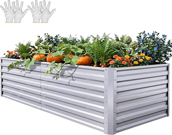 YITAHOME 6x3x2ft Large Raised Garden Bed Kit, Galvanized Metal Planter Box with Gloves, Support Rod, Outdoor Above Ground Planters for Plants, Vegetables, Flowers, Silver Gray