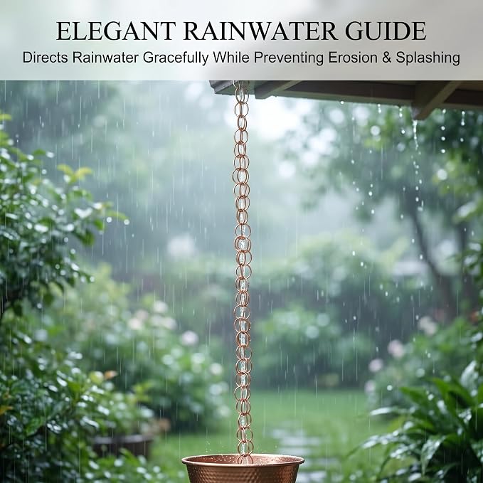 Topadorn 7.7FT Copper Double Ring Rain Chain, Modern Decorative Metal Downspout Replacement, Adjustable Outdoor Water Diverter for Garden, Patio & Porch