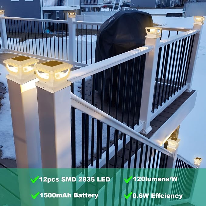 Sumaote Solar Post Caps Lights for 3x3 Metal/Vinyl & 4x4 Wood Posts, IP65 Waterproof, 120 Lumen 3000K Warm White LED Lighting for Garden, Fence, Deck and Mailbox, Dusk-to-Dawn, White Shell (4 Pack)