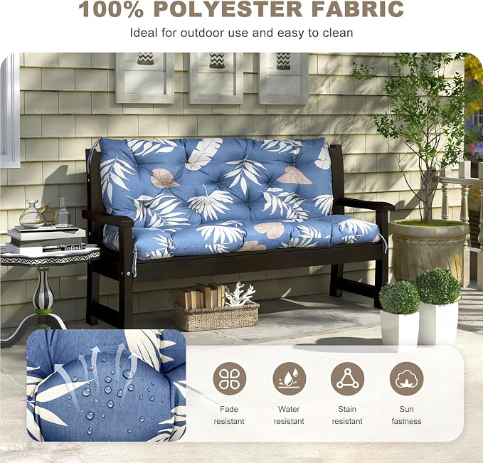 Porch Swing Cushion with Backrest,Waterproof Bench Cushion for Outdoor Furniture,2-3 Seater Replacement Thickened Swing Cushion with Ties,Patio,Outdoor,Backyard and Garden (Tropical Leaf,60x40")