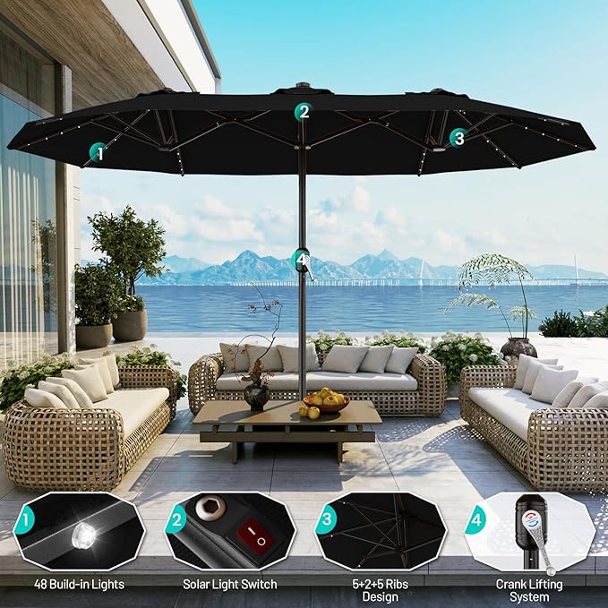 AreShark 15FT Patio Umbrella with Solar Lights, Double Sided Outdoor Table Umbrellas with Crank, Large Rectangular Market Umbrella for Porch, Lawn, Pool, Backyard, Black