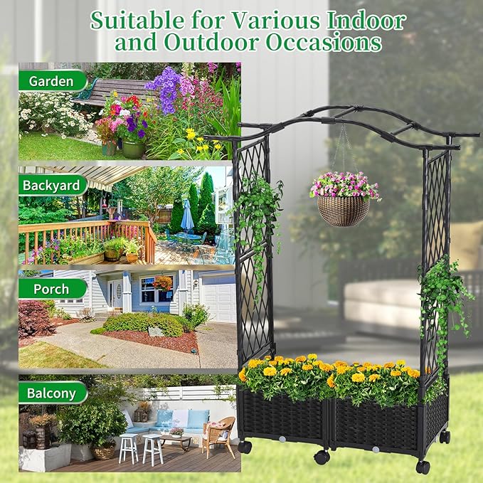 FOLLOOK Planter Box with Trellis Outdoor, 57in Plastic Raised Garden Bed with Trellis Hanging Roof for Vine Flower, with Lockable Wheels & Drain Plug for Patio Backyard Balcony, Black, 1 Pc
