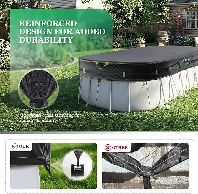 UIRWAY 500D Pool Cover 12x24FT Oval [2026 Upgraded Heavy Duty Fabric] Solar Pool Covers for Above Ground Pools, Swimming Pool Covers Including Windproof Straps and Luminous Ground, UV Resistant