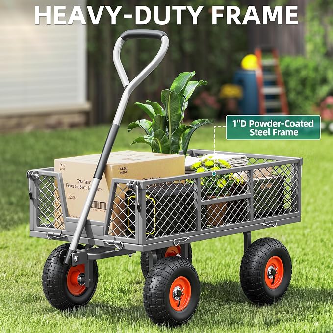 Heavy Duty 900 lbs Capacity Garden Cart Wagon with 10" Pneumatic Tires & Removable Mesh Sides - 180° Rotating Handle, 4 Cu.Ft Utility Wagon for Yard, Garden, Hauling, All Terrain Outdoor Use